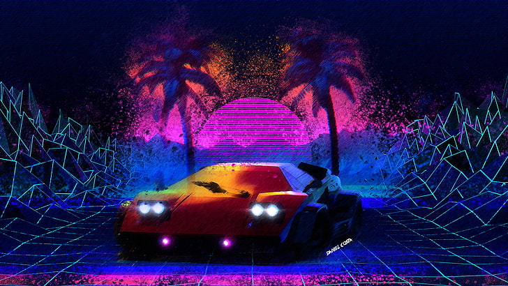 synthwave, 1980s, car, retrowave, illuminated, motion, night