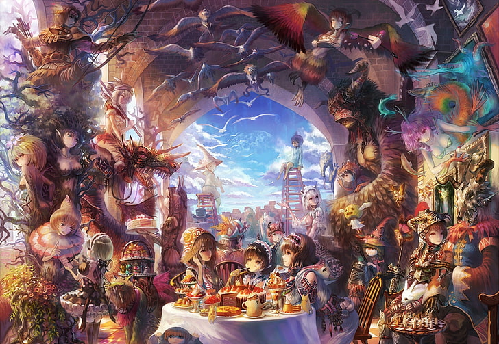 painting of assorted characters in dining hall, anime girls, colorful, HD wallpaper