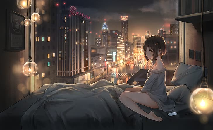 room, anime, getting up, night, HD wallpaper