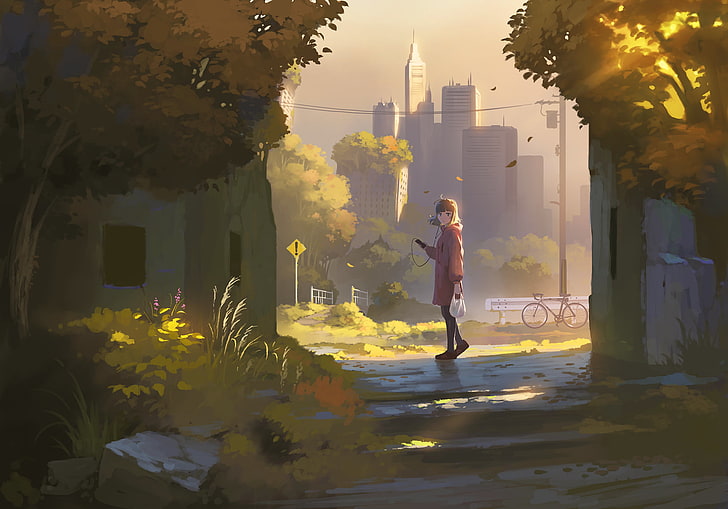 person wearing pink jacket illustration, female animated character near park