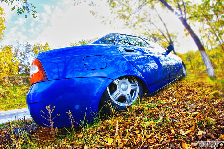 blue car, machine, autumn, foliage, Auto, Lada, VAZ, 2110, BPAN, HD wallpaper
