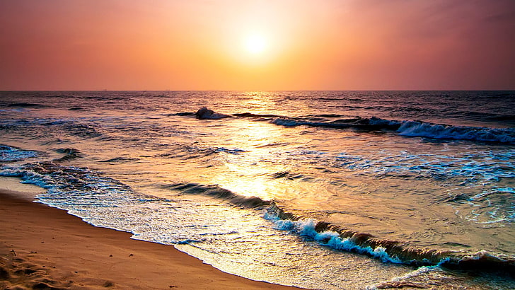 sunset, beach, ocean, sea, horizon, shore, orange sky, wave, HD wallpaper