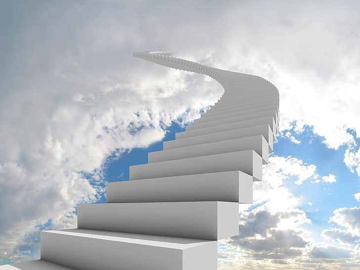white stairs, the sky, clouds, ladder, staircase, steps, success