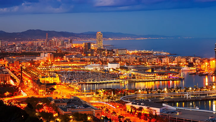 barcelona, cityscape, night, europe, sky, skyline, evening, HD wallpaper