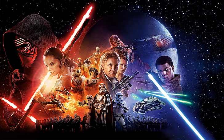 Star Wars digital wallpaper, the force awakens, main characters