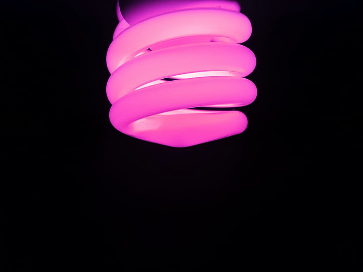 purple LED bulb, neon, pink, simple, black background, light bulb, HD wallpaper