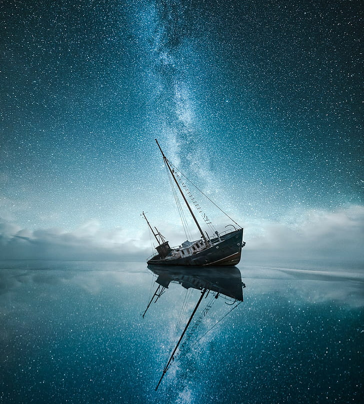 universe, ship, shipwreck, stars, space, Milky Way, HD wallpaper