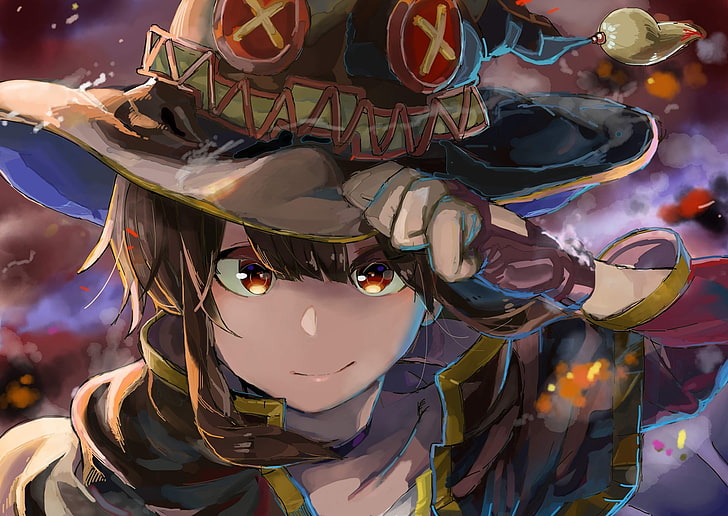 brown-haired male anime character wearing hat wallpaper, Megumin