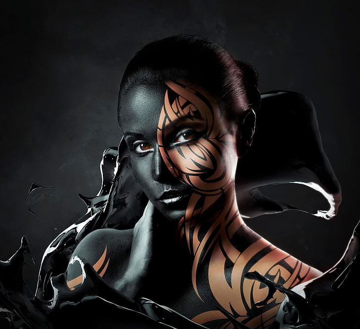 woman with black tattoo on her face, digital art, portrait, one person