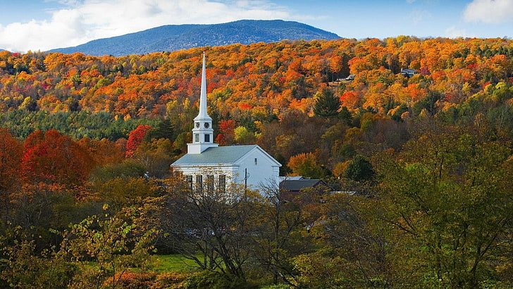 nature, landscape, architecture, church, trees, forest, fall