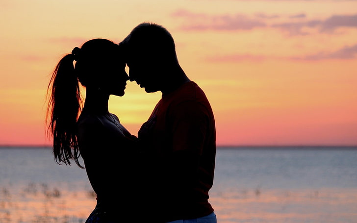 men's red top, couple, love, sunset, hugs, beach, togetherness, HD wallpaper
