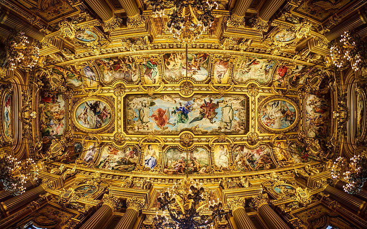 ceilings, painting, Paris, Grand Opéra, indoors, travel destinations, HD wallpaper
