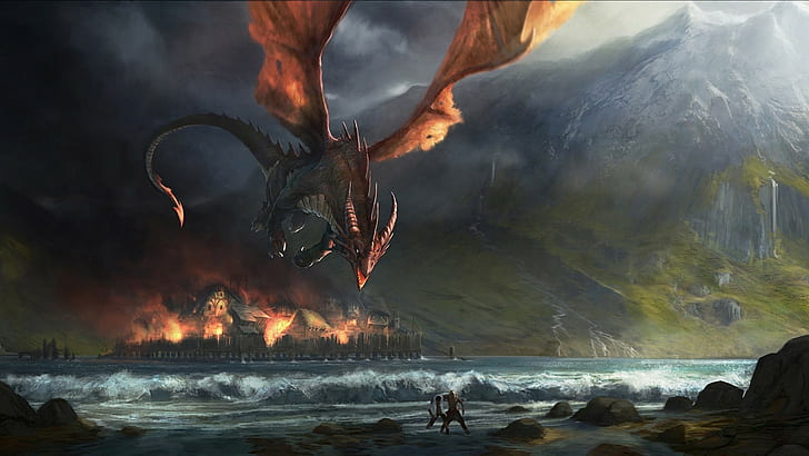 fire, dragon, sea, J. R. R. Tolkien, The Hobbit: The Desolation of Smaug, HD wallpaper