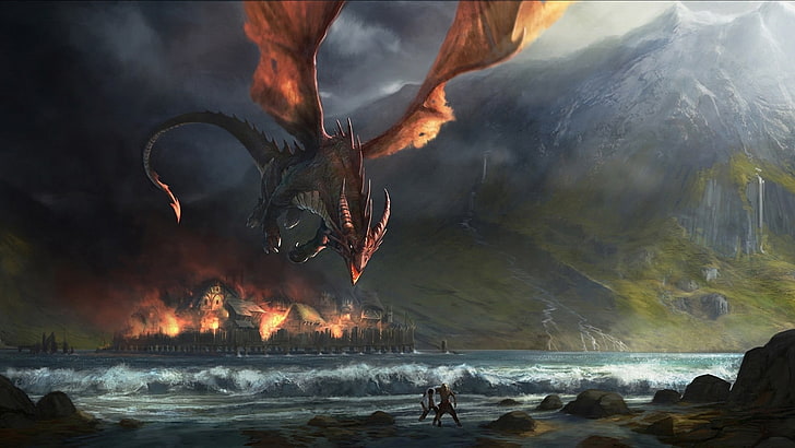 brown dragon flying above sea wallpaper, dragon flying over beach with burned town in background