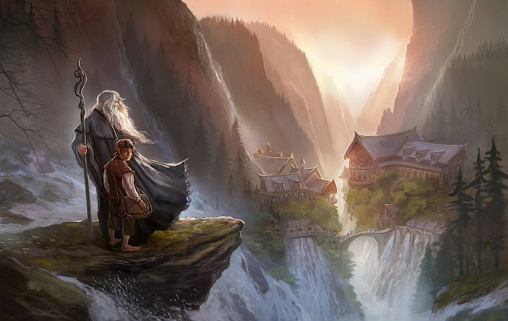 Bilbo Baggins, digital art, fantasy Art, gandalf, Rivendell, HD wallpaper