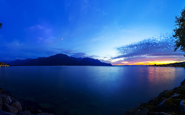 body of water and mountain, lake, night, sea, clouds, sky, beauty in nature, HD wallpaper
