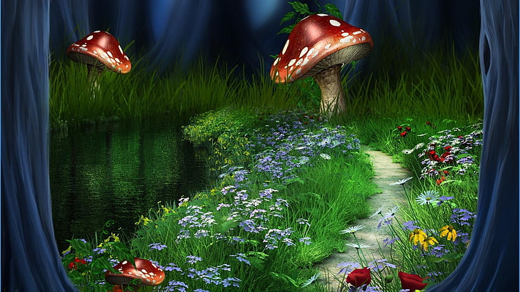 HD wallpaper: dreamland, stream, mushroom, path, flower, leaf, grass,  wildflower | Wallpaper Flare