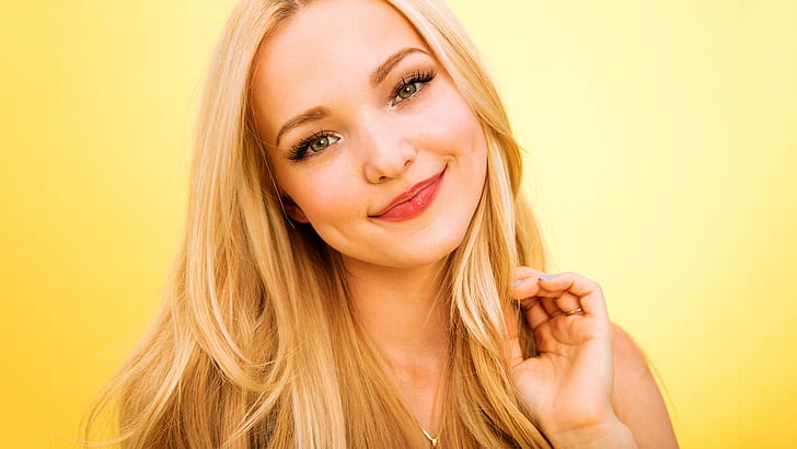 Dove Cameron, smiling, omen, blonde, long hair, portrait, yellow background