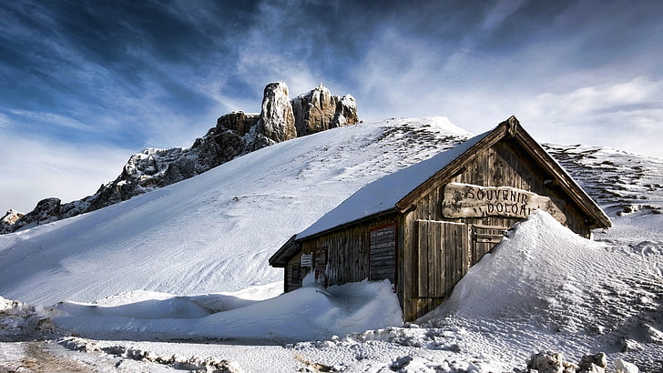 wooden house on snowy hill, nature, landscape, winter, mountains