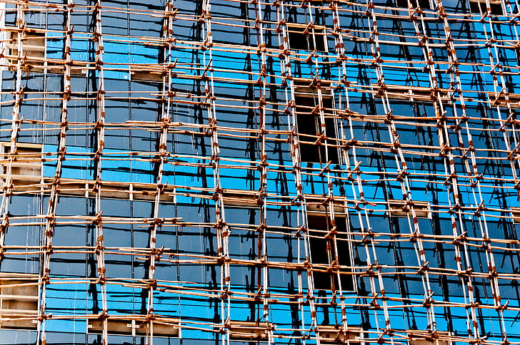 brown scaffolding, construction, glass, mesh, structure, construction Industry
