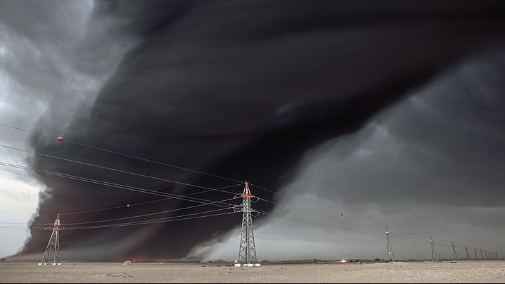 utility pole, fire, tornado, desert, wire, HD wallpaper