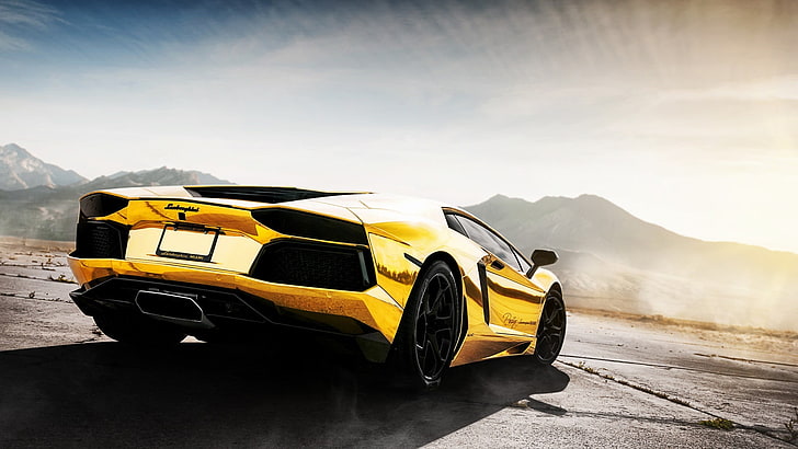 gold Lamborghini Aventador, Stance, rims, car, yellow cars, golden car, HD wallpaper