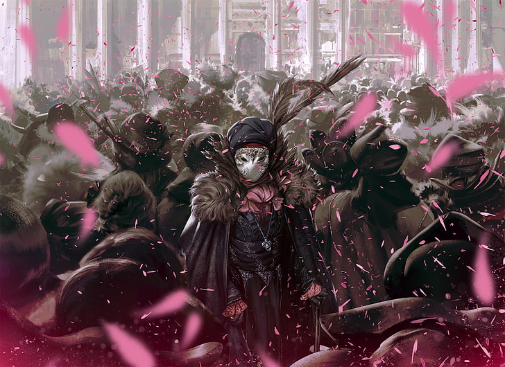 male anime character, assassins , mask, petals,  masquerade, people