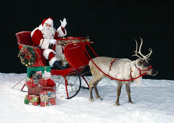 santa claus, reindeer, sleigh, bag, gifts, snow