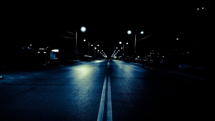 black road, street light, blue, wet street, night, dark, urban, HD wallpaper