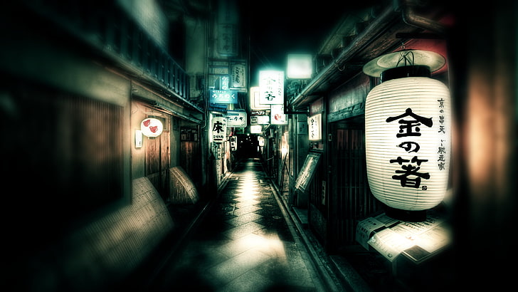 white paper lantern, Japan, kanji, street, city, sign, night