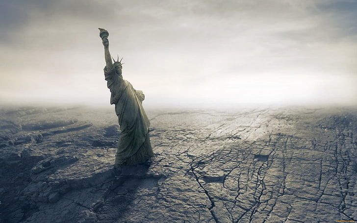 Statue of Liberty, apocalyptic, render, sky, landscape, human representation, HD wallpaper