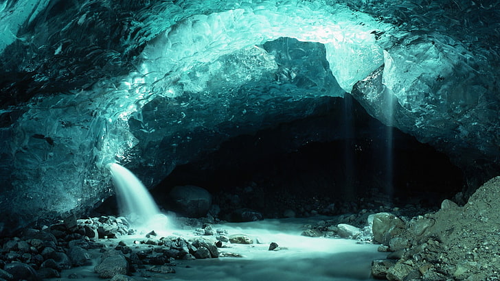 cave digital wallpaper, iceberg, nature, landscape, waterfall, HD wallpaper