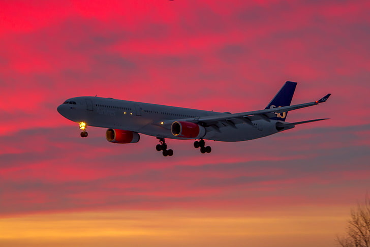 white and red plane, airplane, ship, sunset, sky, commercial Airplane