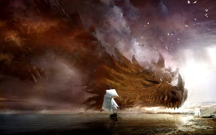 dragon at the sky and ship digital wallpaper, full length, one person