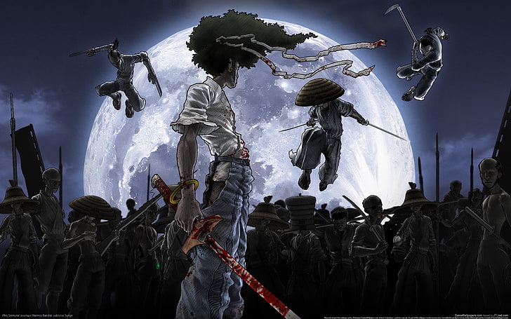 male holding sword anime character digital wallpaper, Afro Samurai