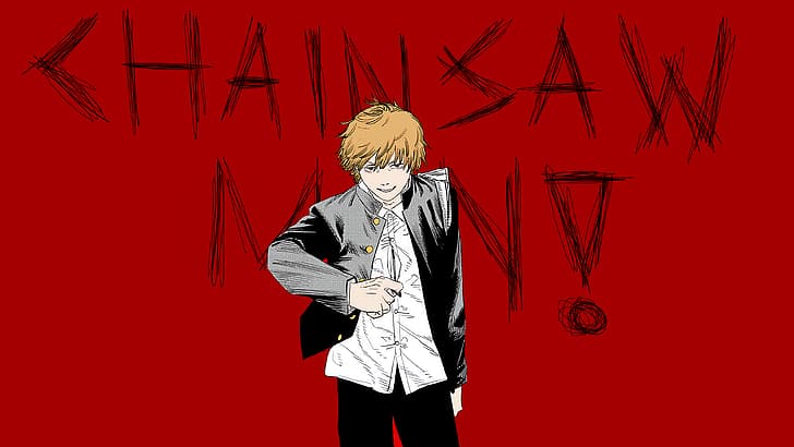 Chainsaw Man, Denji (Chainsaw Man), red background, anime, anime boys