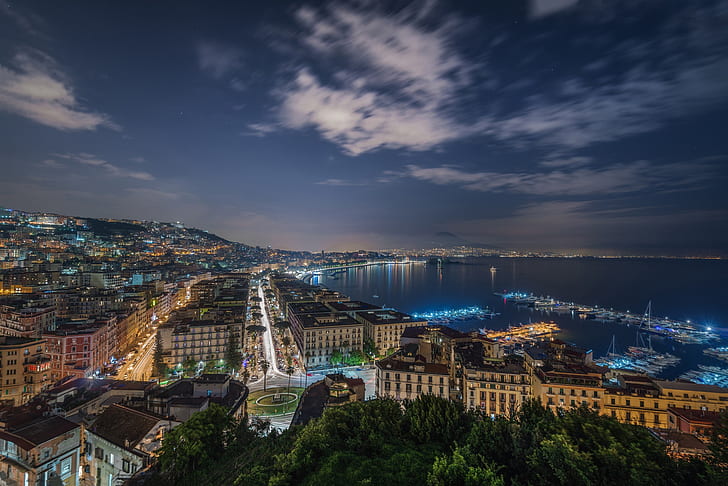 night, the city, boats, Napoli, HD wallpaper