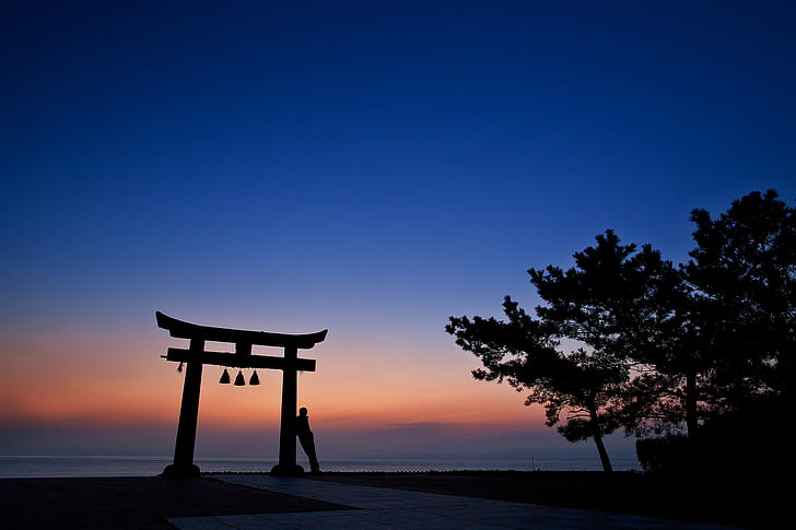 landscape, torii, clear sky, men, nature, Japan, sea, silhouette