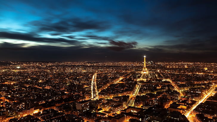 city, night, Paris, France, far view, city lights