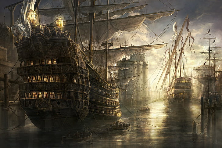 sailing ship, pirates, fantasy art, artwork