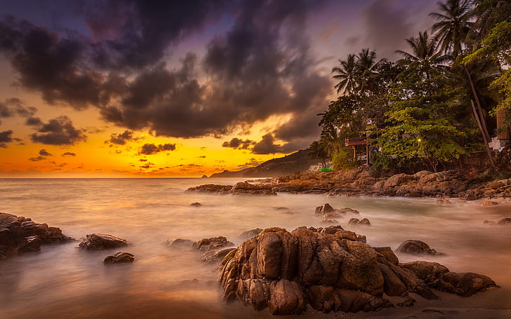 rock, ocean, sunset, cloud, phuket, HD wallpaper