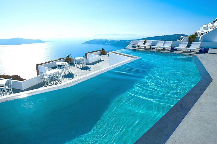 green in-ground pool, sea, Santorini, Greece, the hotel, swimming Pool, HD wallpaper