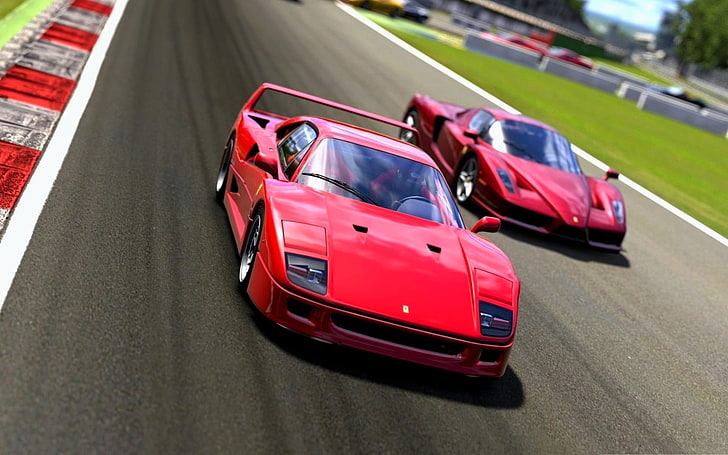 red Ferrari F40 and Enzo, car, Enzo Ferrari, Gran Turismo, Gran Turismo 5, HD wallpaper