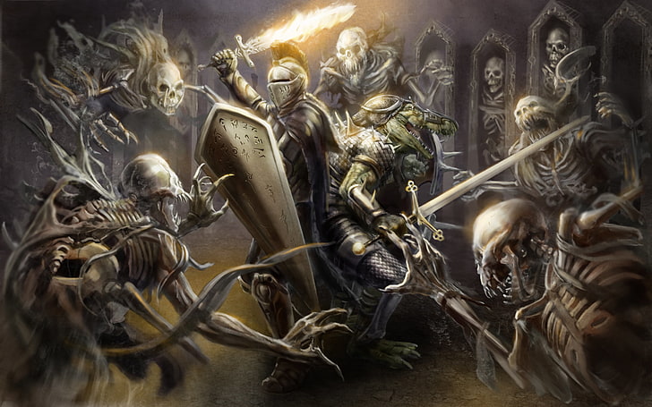 knight and undead wallpaper, armor, helmet, weapon, sword, fire