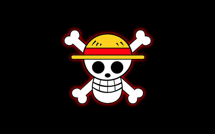 One Piece logo, skull, glow, hat, bones, black background, fun