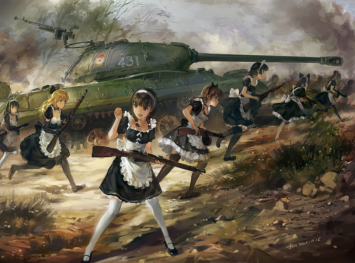 anime, maid outfit, war, fantasy art, IS-3, tank, French Maid, HD wallpaper