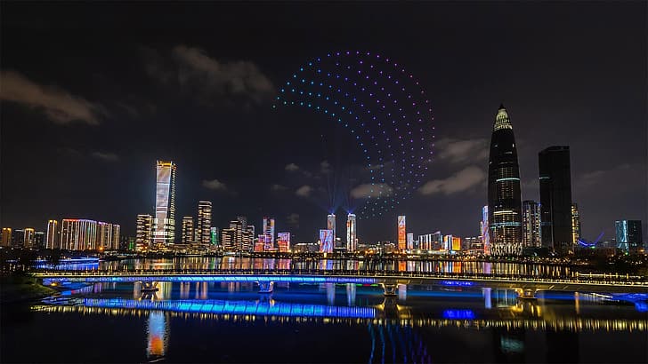 night, lights, panorama, China, Shenzhen, HD wallpaper