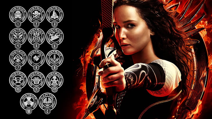 The Hunger Games Black Logo Jennifer Lawrence Districts Bow Arrow HD, HD wallpaper