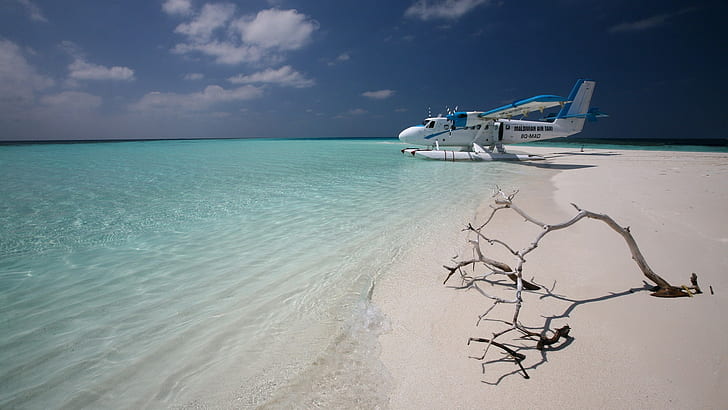 beach, airplane, hydroplane, tropical, sea, Maldives, HD wallpaper
