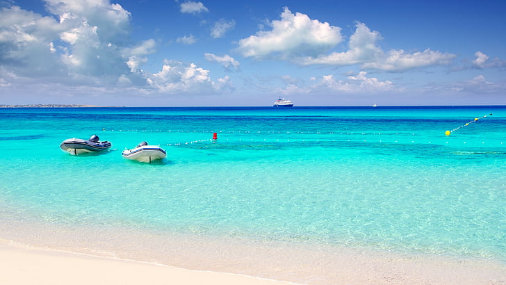 two white boat floating above blue sea near shore, Playa de Ses Illetes, HD wallpaper
